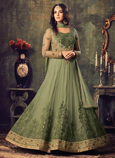 Sonal chauhan olive green net party wear pant suit 4703