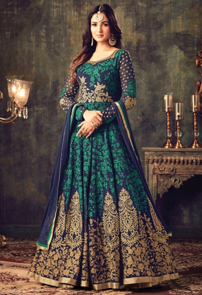 Sonal chauhan blue green georgette party wear anarkali suit 4705