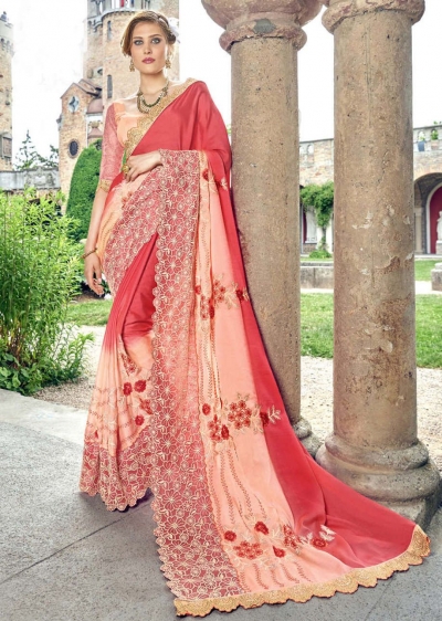 Peach Faux Georgette Embroidered Wedding Saree 4201