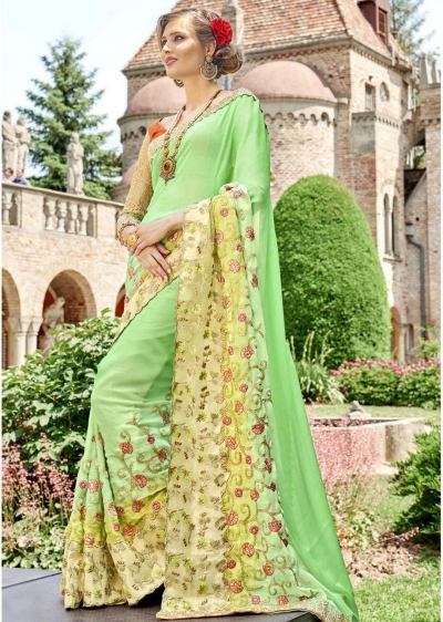 Green Faux Georgette Embroidered Wedding Saree 4211