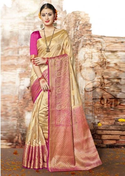 Beige Banarasi Silk Woven Festive Saree 3902