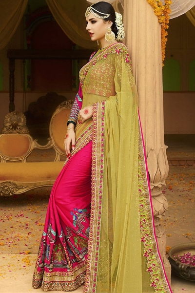 pink yellow wedding saree 6005