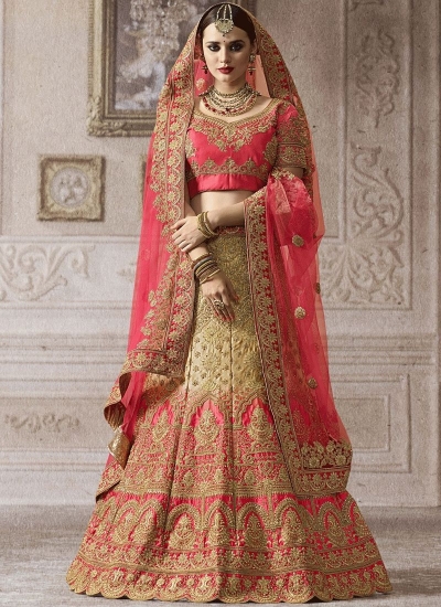 Beige pink satin silk wedding lehenga 4011