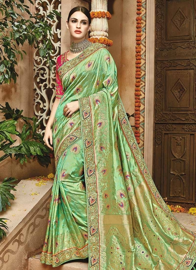 Fresh green pink pure banarasi silk wedding saree 1202