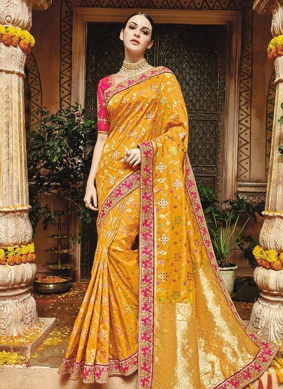 Yellow pure banarasi silk saree wedding 1218