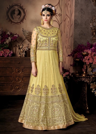 Yellow color net wedding anarkali 101