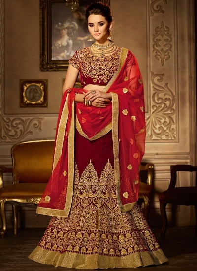 Maroon velvet a line wedding lehenga choli 5007