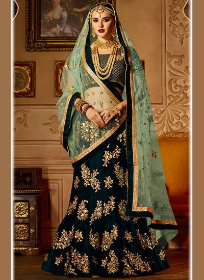 Green velvet a line lehenga choli in green 5009