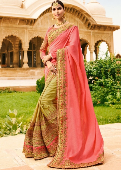 Beige pink half and half wedding saree 8008