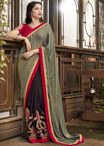 Brown Faux Georgette Embroidered Festive Saree 97071