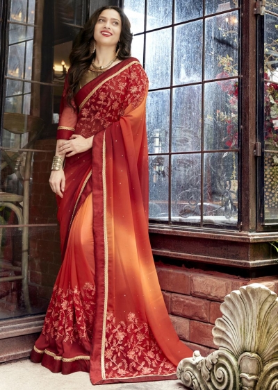 Maroon Faux Georgette Embroidered Festive Saree 97072