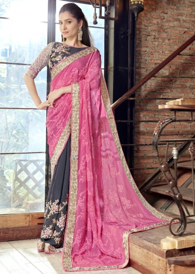Grey Faux Georgette Embroidered Festive Saree 97075