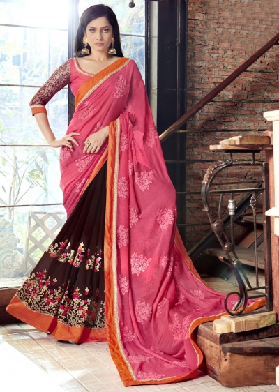Brown Faux Georgette Embroidered Festive Saree 97077