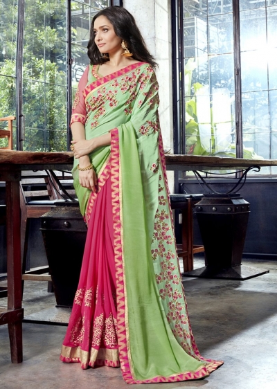 Pink Faux Georgette Embroidered Festive Saree 97080