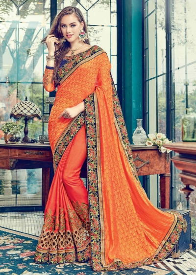 Orange  Satin Jacquard Art Silk Embroidered  Saree 24350