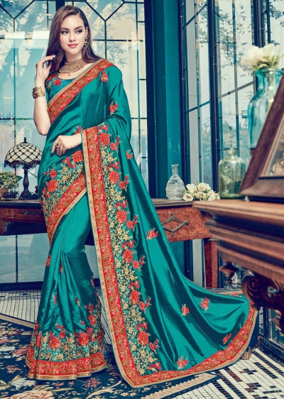 Green Satin Art Silk Embroidered  Saree 24356