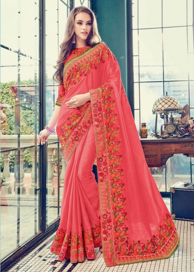 Peach Satin Art Silk Embroidered  Saree 24357