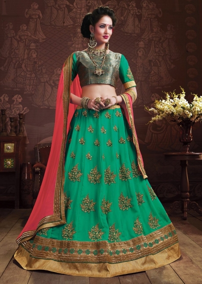 Green Colored Embroidered Faux Georgette Wedding Lehenga Choli 3158
