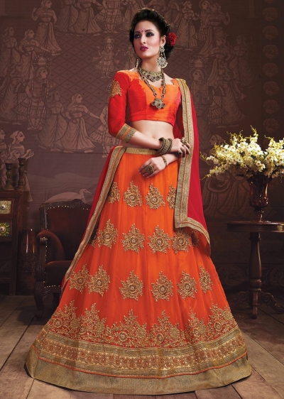 Orange Colored Embroidered Faux Georgette Wedding Lehenga Choli 3162