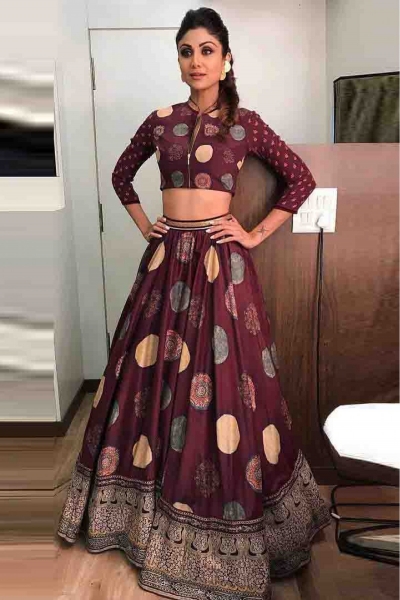 Bollywood Style Shilpa shetty brown silk lehenga choli