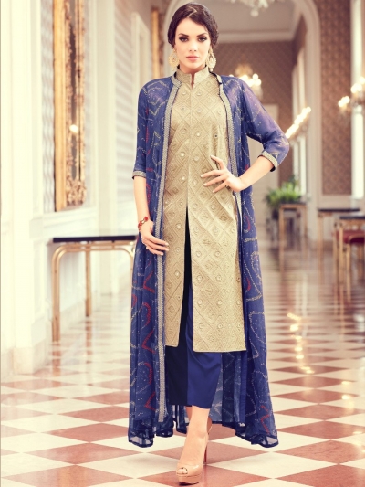 Beige and blue color party wear pant style suit