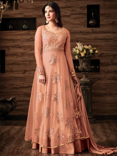 Sonal chauhan Peach color netted wedding anarkali 4807