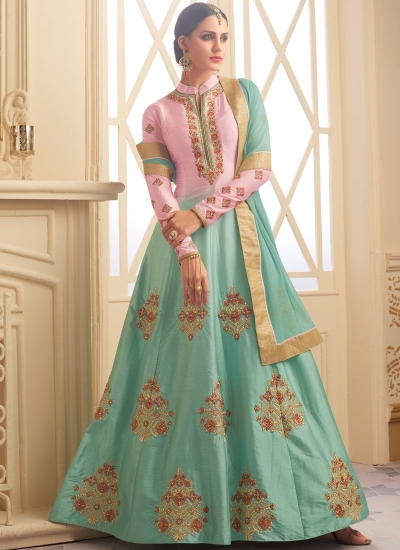 Pista green and pink south chennai silk wedding anarkali