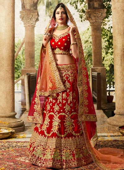 Red color silk velvet and net wedding lehenga choli