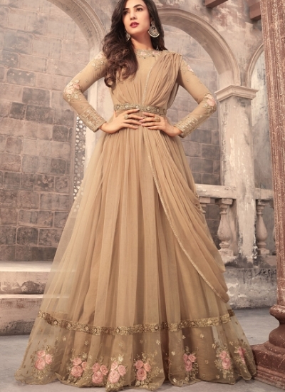 Sonal Chauhan beige color net wedding anarkali