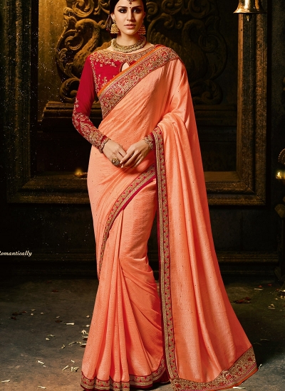 Peach and red silk Party wear saree