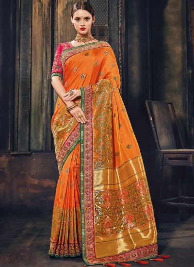 Orange and pink Banarasi pure silk wedding wear saree