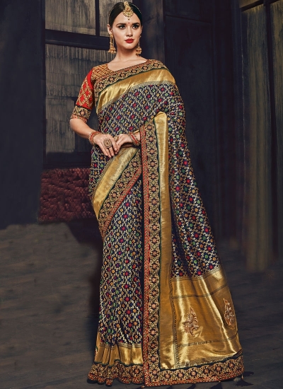 Multi color Banarasi pure silk wedding wear saree