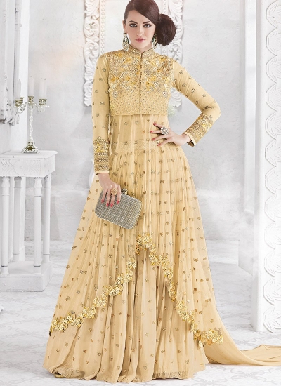 Cream color georgette and net party wear ghaghara 2-in-1 look