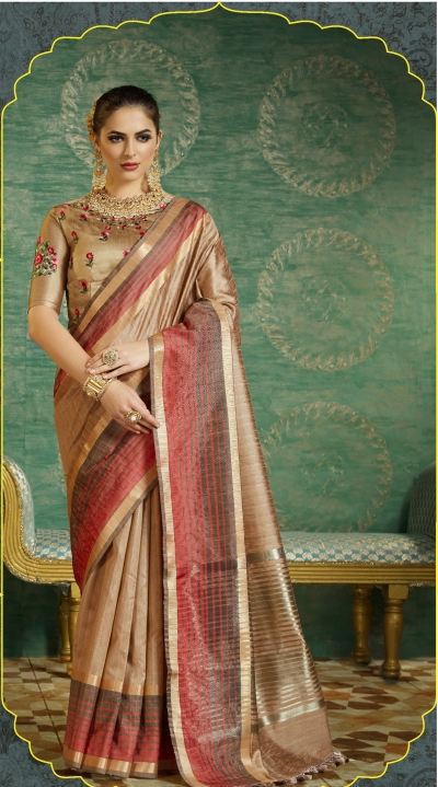 Beige color handloom weaving silk saree