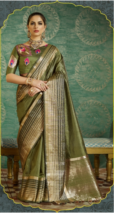 Mehandi color handloom weaving silk saree