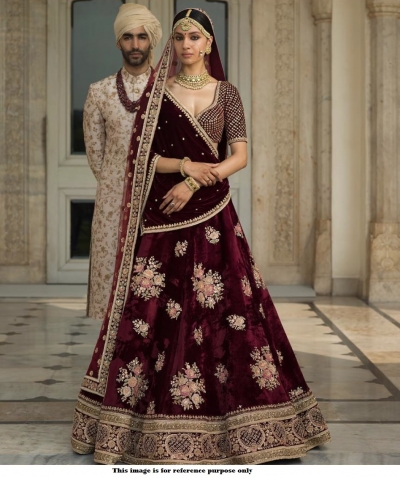 Sabyasachi inspired Maroon color velvet wedding lehenga