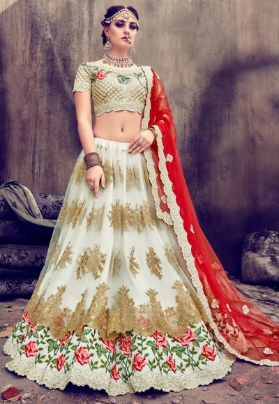 White and red netted wedding lehenga