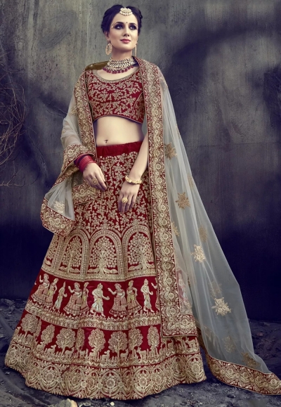 Deep red velvet wedding lehenga