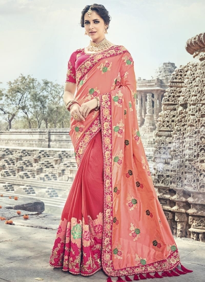 Peach and pink silk wedding wear saree