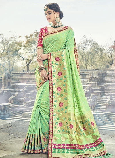 Green and pink silk wedding wear saree