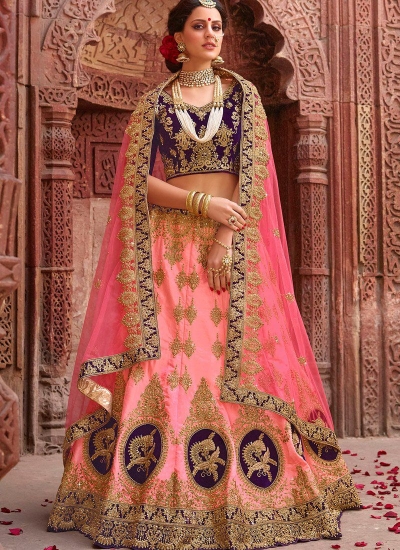 Peach and purple satin silk and net wedding lehenga