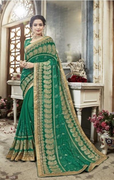 Green georgette embroidered party wear saree 5609