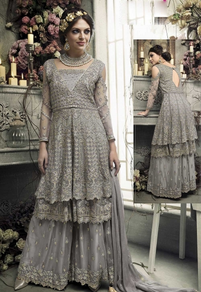 Grey color heavy work palazzo kameez S303