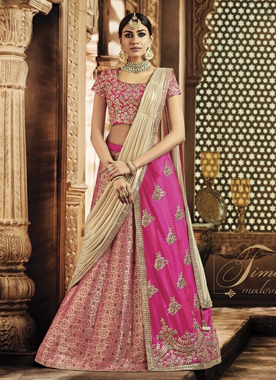Pink and gold jacquard silk wedding lehenga