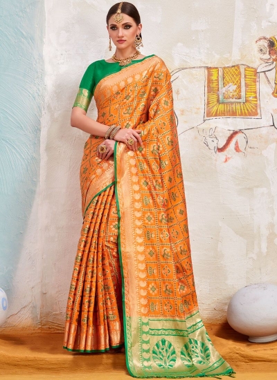Yellow and Green color Indian Silk wedding wear saree