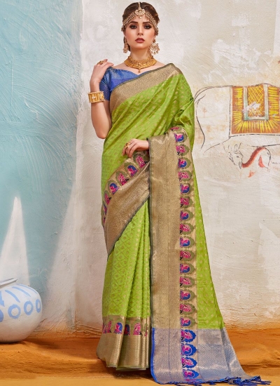 Olive green Indian Silk wedding wear saree