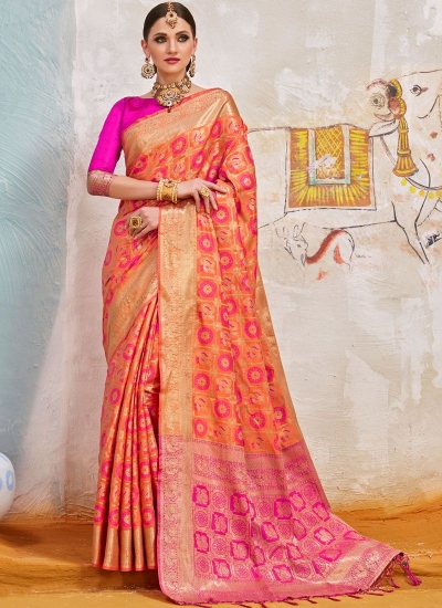 Peach and pink Indian Silk wedding wear saree