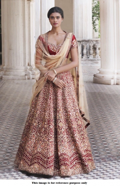 Bollywood Inspired Maroon color Mulberry silk lehenga