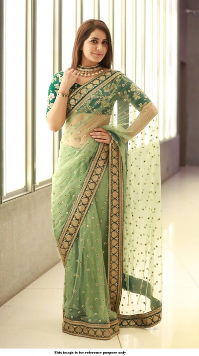 Bollywood Sabyasachi Inspired Raashi Khanna Green net Saree