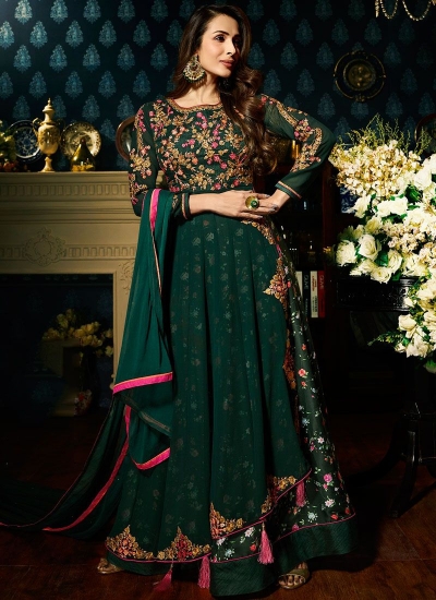 Malaika Arora khan georgette bottle green color wedding anarkali suit